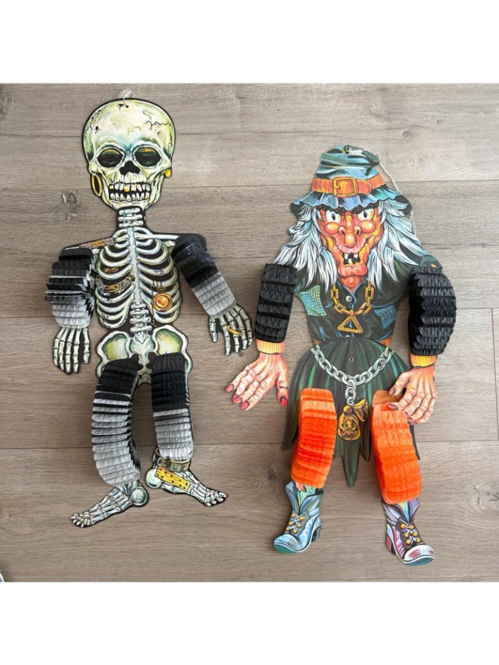 Vintage Halloween Topstone 34" Honeycomb Boney Skeleton & Wicked Witch Die-cut